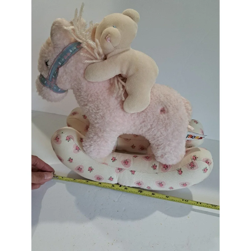 Baby Aurora Musical Rocking Horse Plush W/ Bear Pink‎ Floral Heart Victorian VTG